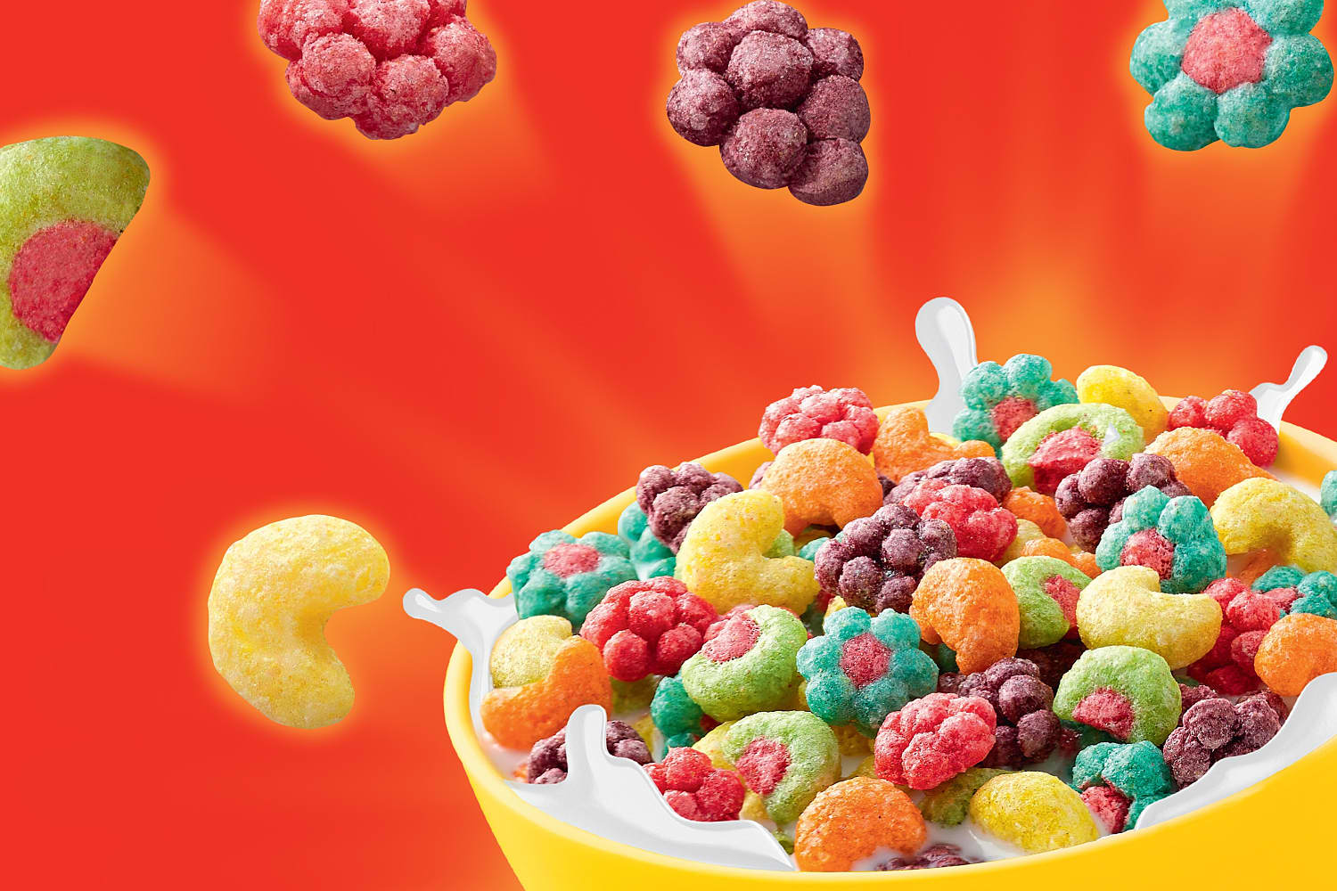 Un cuenco de Trix con piezas en forma de fruta que emanan del cuenco.